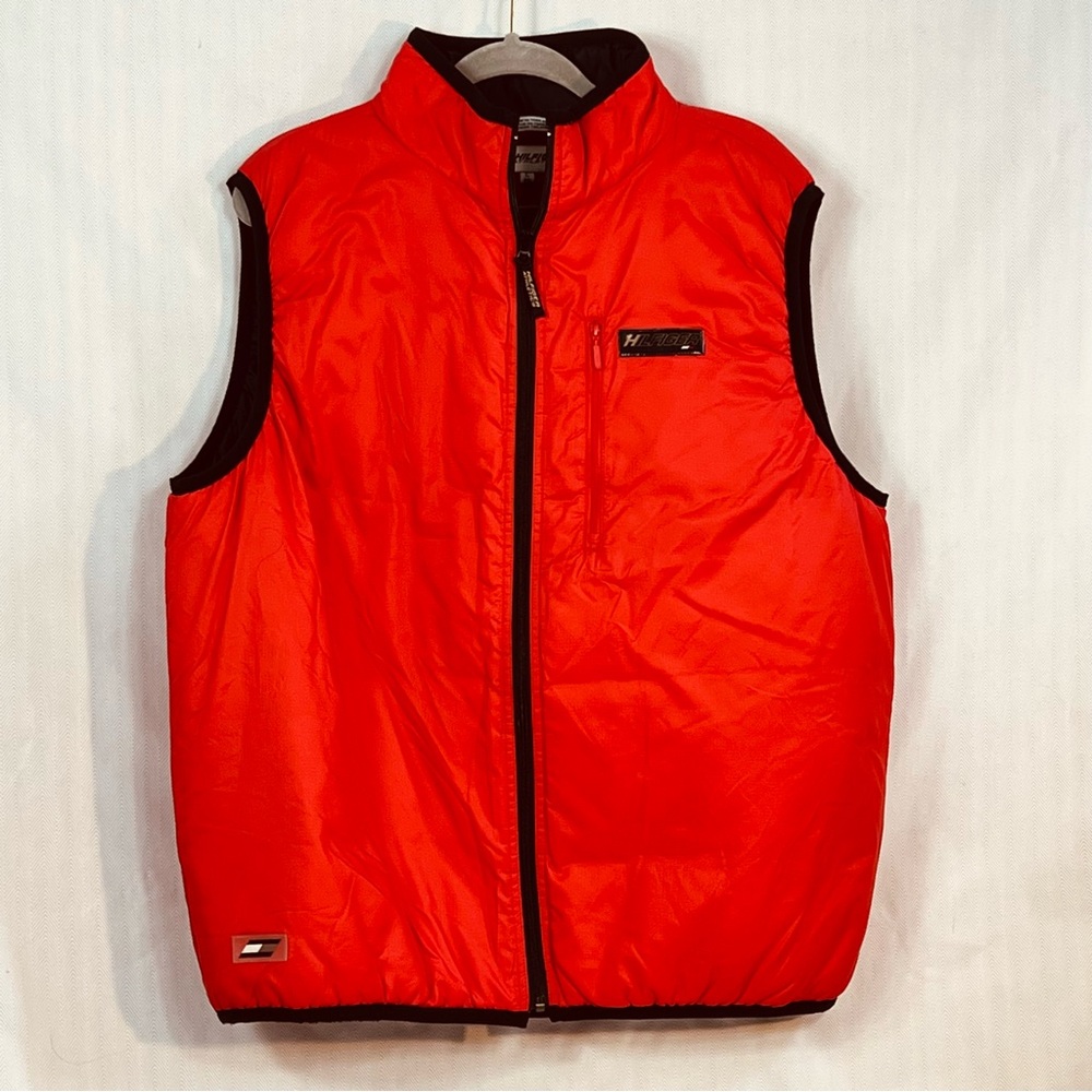Hilfiger Athletics Vest Red Nylon Lightweight Zip Front & Pocket Blk Trim EUC L👍